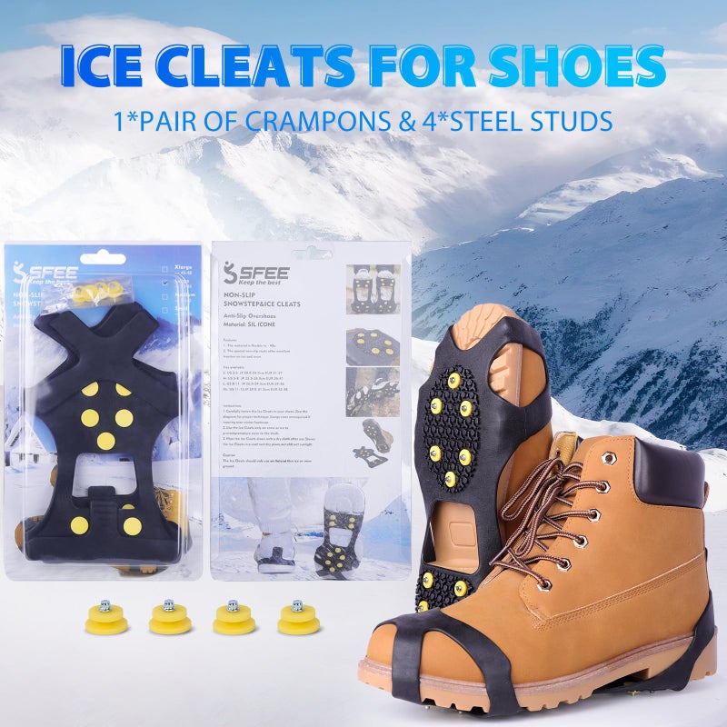 Sfee Ice Cleats for Boots Shoes, Snow Grips Cleats for Ice and Snow Anti-Slip Rubber Traction Cleats for Walking on Snow and Ice 10 Steel Studs Crampons for Hiking, Walking, Climbing, Jogging - Image 2